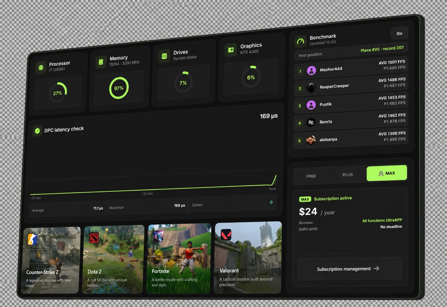 Three-dimensional UltraCom workspace with system monitoring, DPC latency, game cards and subscription